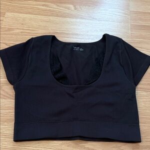 aerie Black Ribbed Scoop Neck Lace-Trim Crop Top